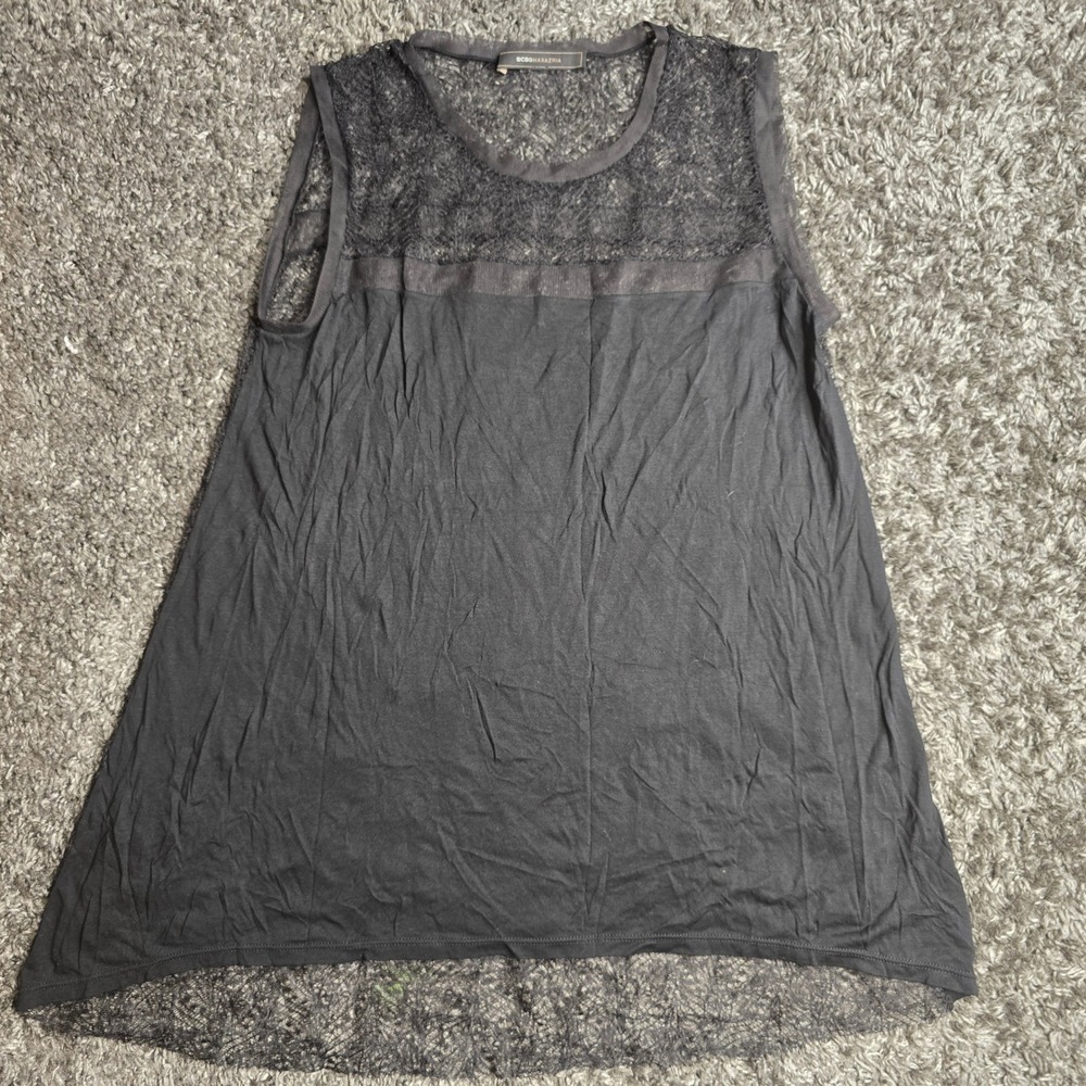 BCBGMAXAZRIA Womens Black Lace Yoke Sleeveless Tank Top High Low Hem